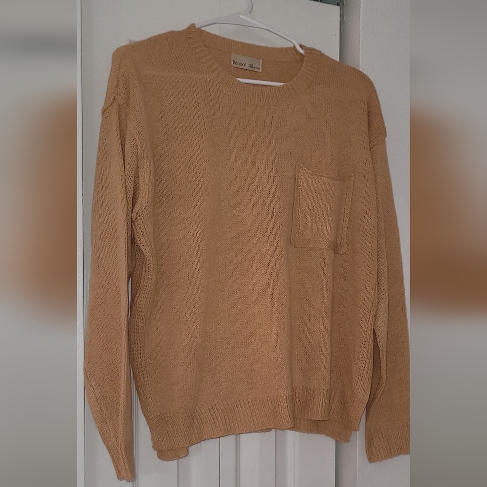 Soft and Cozy Be Cool Classic Tan Crewneck Sweater with Ribbed Details